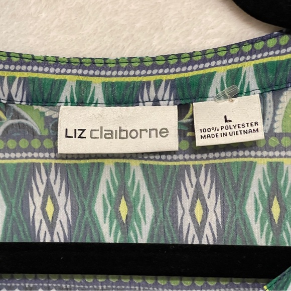 Liz Claiborne Blue Green Abstract Paisley Boho Tunic Blouse, 3/4 Sleeves, Large - Picture 6 of 7